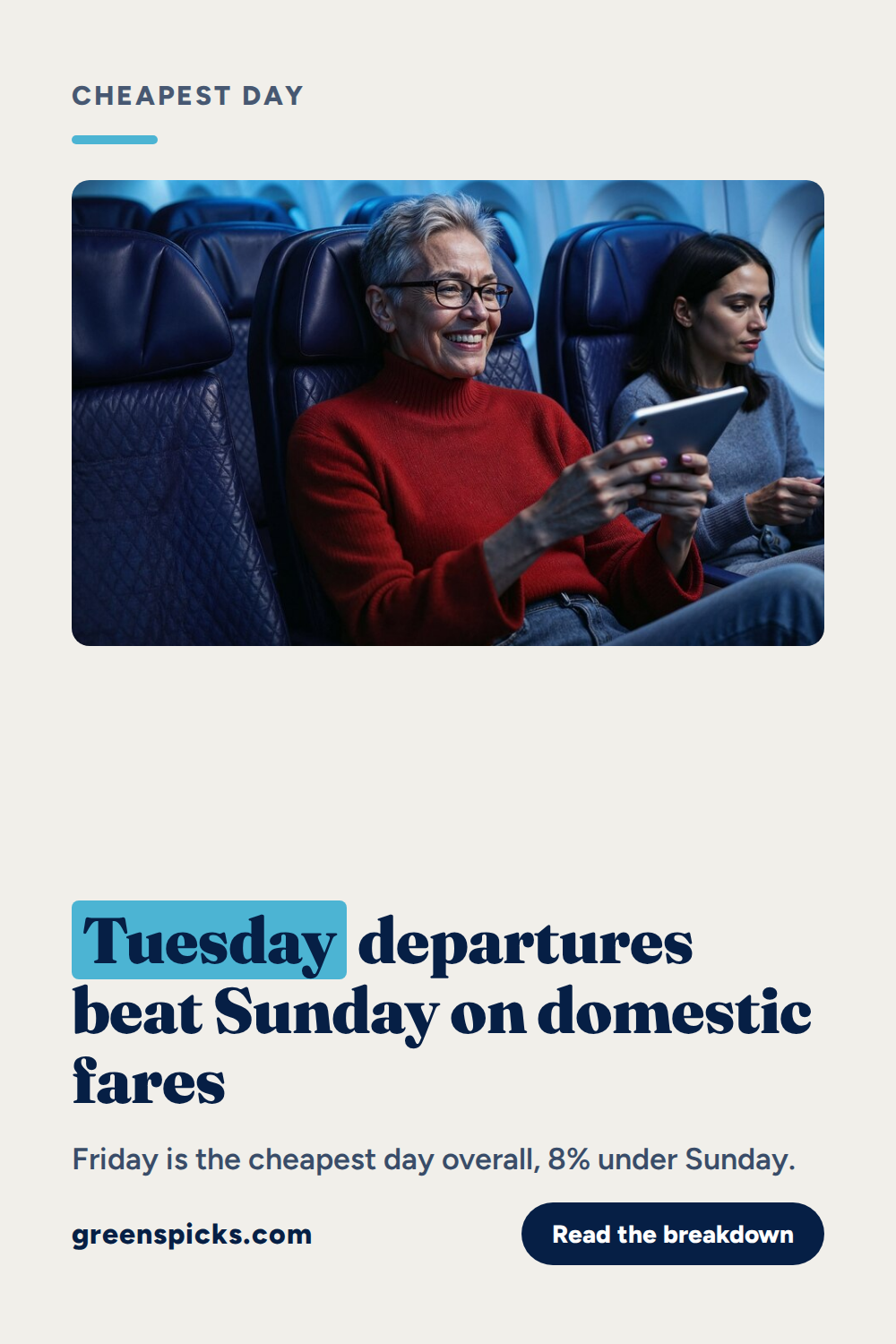 Passengers in an aircraft cabin; Tuesday flights 14 percent cheaper than Sunday