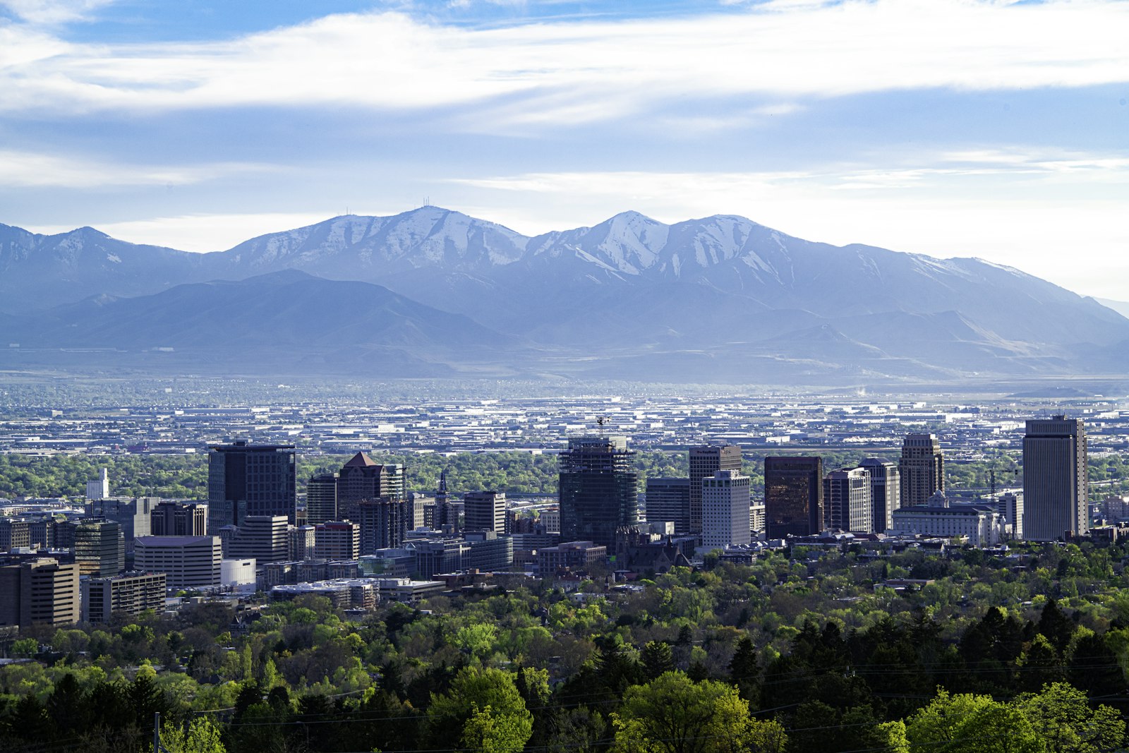 Salt Lake City skyline with the Wasatch mountain range behind it