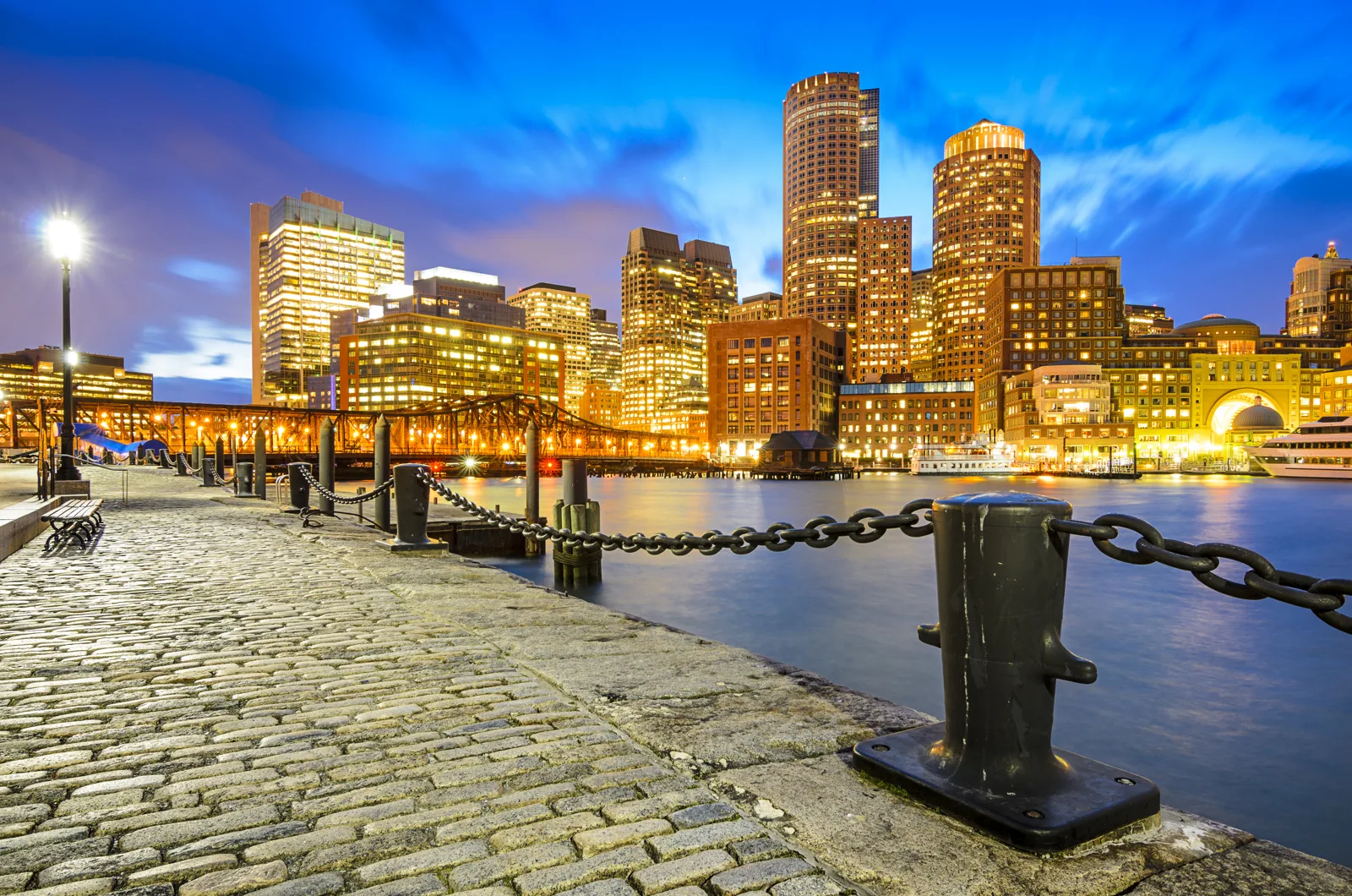Boston skyline from Fan Pier at dusk, Massachusetts