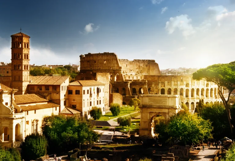 The Colosseum and the Roman Forum area in Rome, Italy