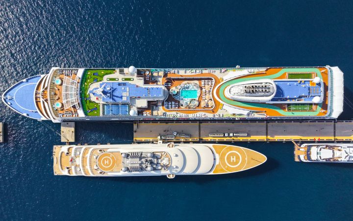 Aerial view of a cruise ship docked at a port