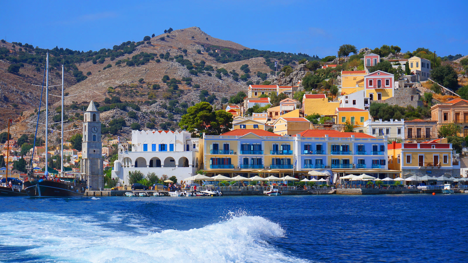Colourful harbour town on a Greek island