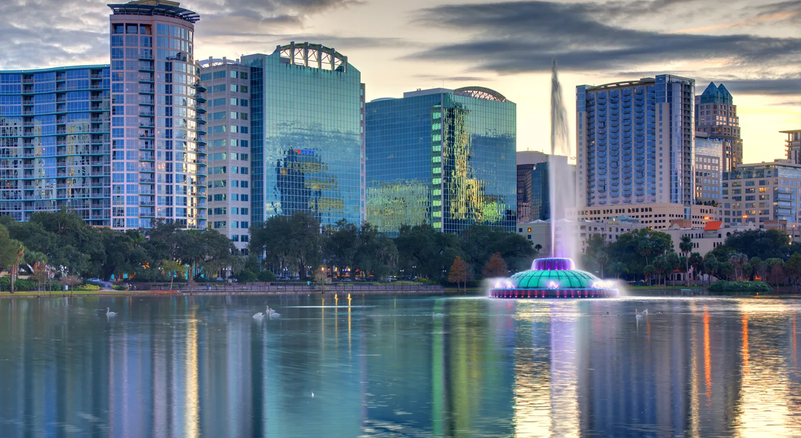 Downtown Orlando skyline and fountain at Lake Eola, Florida