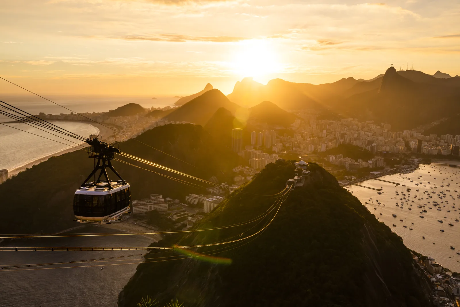 Sugarloaf Mountain cable car above Rio de Janeiro at sunset