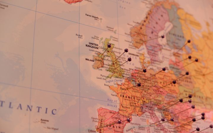 Map of Europe marked with travel pins